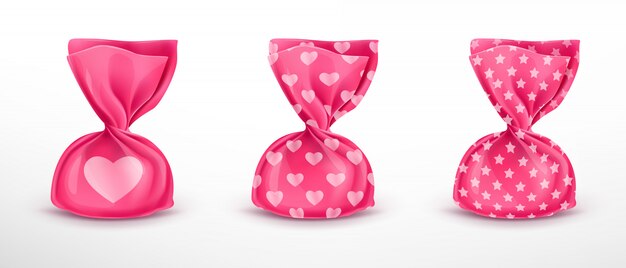 Conjunto de envases de caramelo rosa con patrones