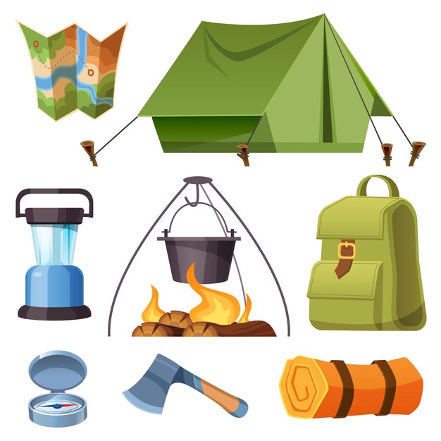 Conjunto de equipo de camping y conjunto de dibujos animados de cosas.