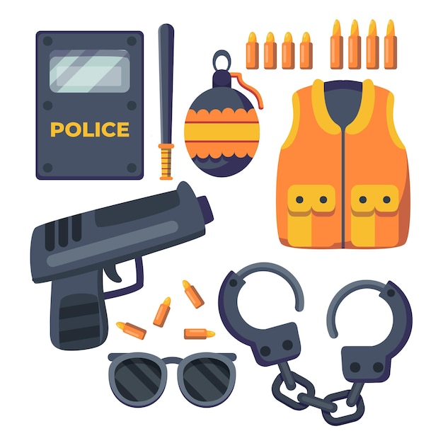 Conjunto de equipo profesional de policía Esposas chaleco antibalas insignia de porra armas y otro elemento Ilustración vectorial