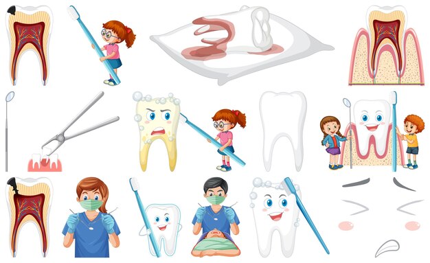 Conjunto de equipos dentales y personajes de dibujos animados.