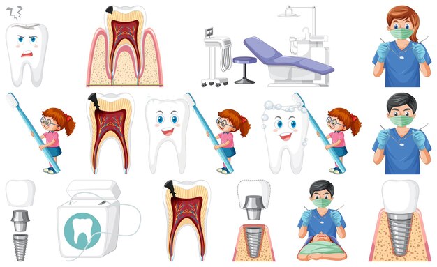 Conjunto de equipos dentales y personajes de dibujos animados.