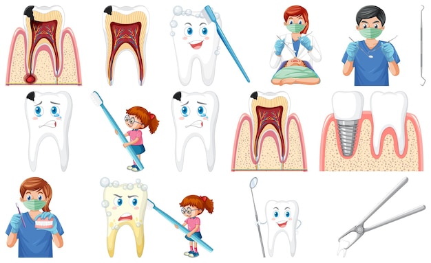 Conjunto de equipos dentales y personajes de dibujos animados.