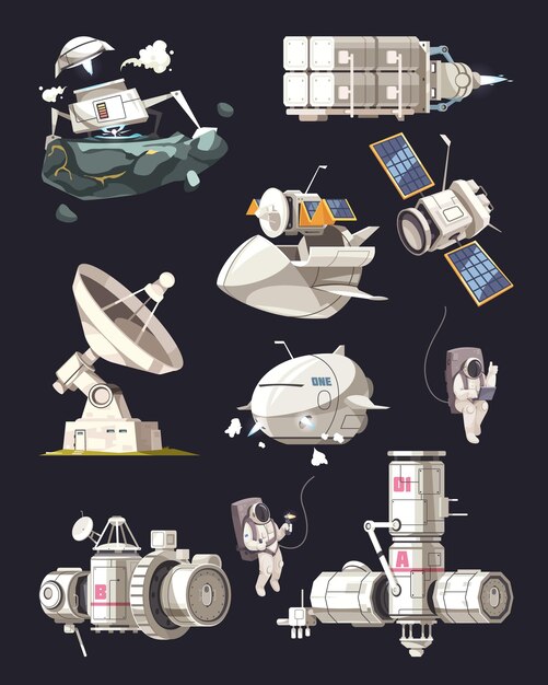 Conjunto de equipos de exploración espacial de la estación espacial internacional satélite nave espacial radiotelescopio aislado ilustración vectorial