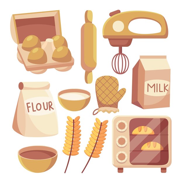 Conjunto de equipos de panadería Herramientas para hornear panes pasteles como calderas de máquina mezcladora de escala y otros en estilo de dibujo sobre ilustración de vector de fondo blanco