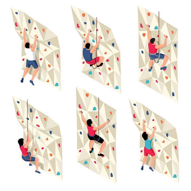 Conjunto de escalada isométrica con personajes de íconos aislados de personas de entrenamiento en cuerdas que suben la ilustración de vector de pared de entrenamiento