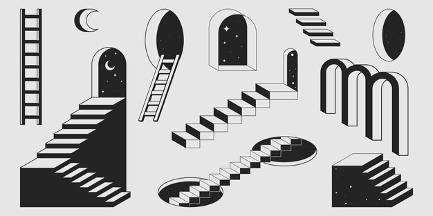 Conjunto de escaleras y escaleras retro