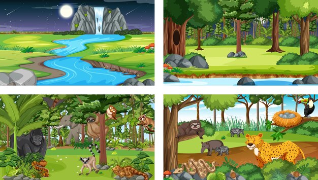 Conjunto de escena horizontal de bosque diferente con varios animales salvajes.