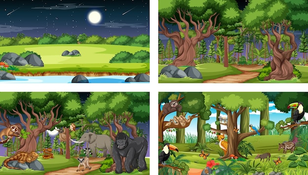 Conjunto de escena horizontal de bosque diferente con varios animales salvajes.