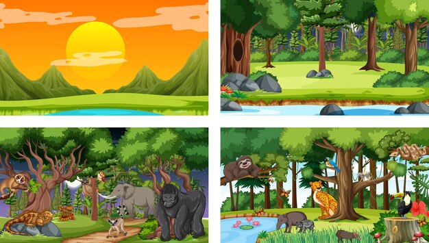 Conjunto de escena horizontal de bosque diferente con varios animales salvajes.