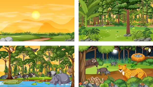 Conjunto de escena horizontal de bosque diferente con varios animales salvajes.