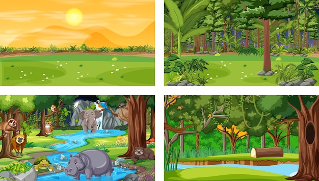 Conjunto de escena horizontal de bosque diferente con varios animales salvajes.