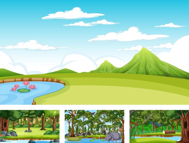 Conjunto de escena horizontal de diferente naturaleza con varios animales salvajes.