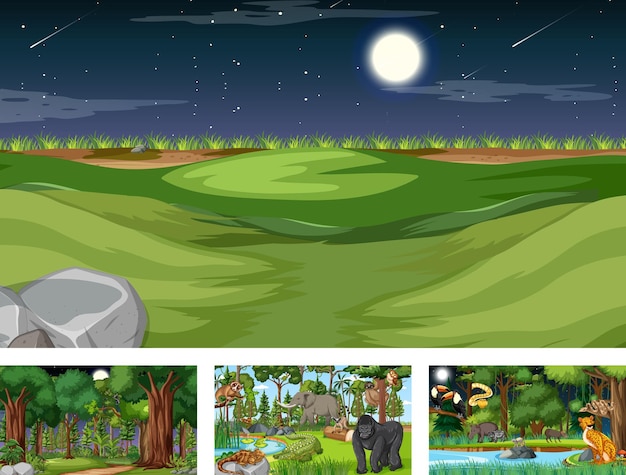 Conjunto de escena horizontal de diferente naturaleza con varios animales salvajes.