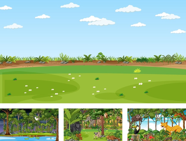 Conjunto de escena horizontal de diferente naturaleza con varios animales salvajes.