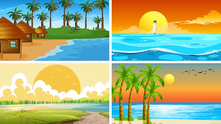 Vector gratuito conjunto de escena de la naturaleza del océano tropical o fondos con playas