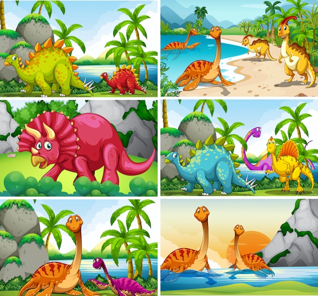 Conjunto de escenas de dinosaurios.
