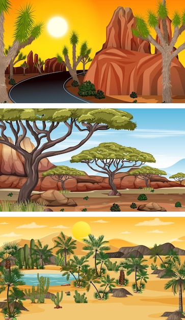 Vector gratuito conjunto de escenas horizontales de diferente naturaleza.