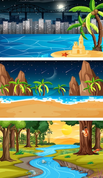 Vector gratuito conjunto de escenas horizontales de diferente naturaleza.