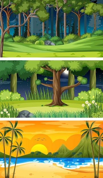 Vector gratuito conjunto de escenas horizontales de diferente naturaleza.