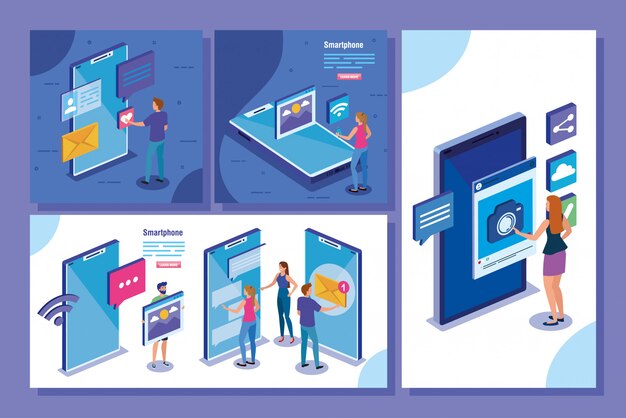 conjunto de escenas con iconos de teléfonos inteligentes y redes sociales