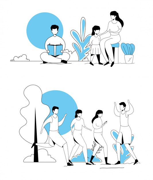 Conjunto de escenas de jóvenes haciendo actividades