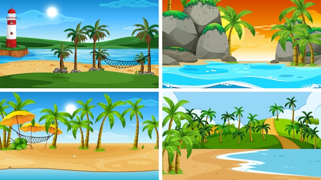 Conjunto de escenas de naturaleza oceánica tropical con playas