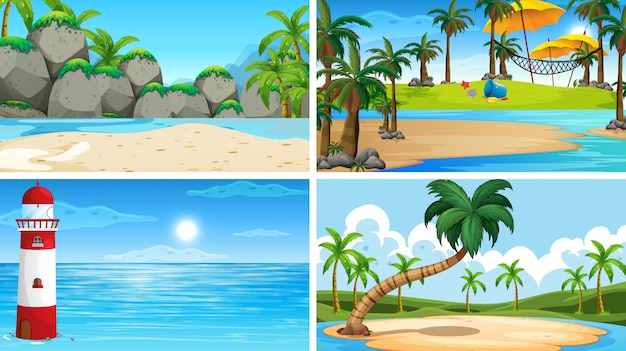 Conjunto de escenas de la naturaleza del océano tropical con playas.