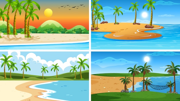 Vector gratuito conjunto de escenas de la naturaleza del océano tropical con playas.