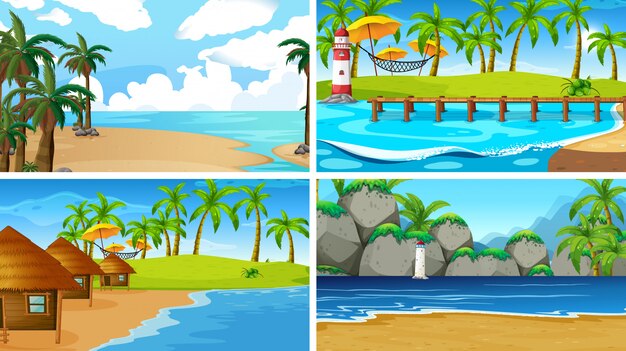Conjunto de escenas de la naturaleza del océano tropical con playas.