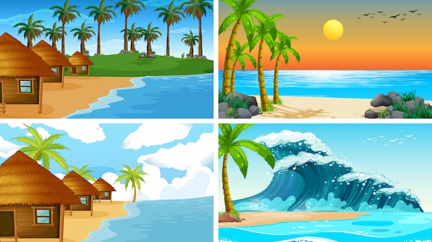 Conjunto de escenas de la naturaleza del océano tropical con playas
