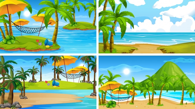 Vector gratuito conjunto de escenas de la naturaleza del océano tropical con playas