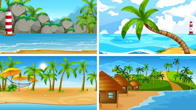 Conjunto de escenas de la naturaleza del océano tropical con playas.