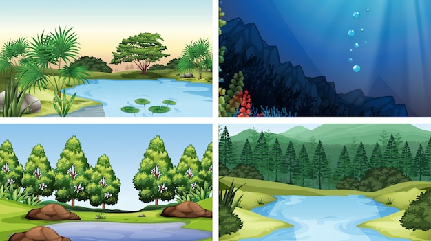 Vector gratuito conjunto de escenas en la naturaleza.