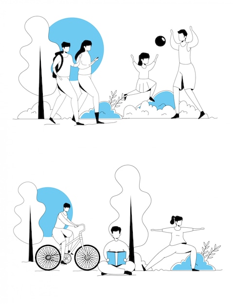 Conjunto de escenas de personas haciendo actividades
