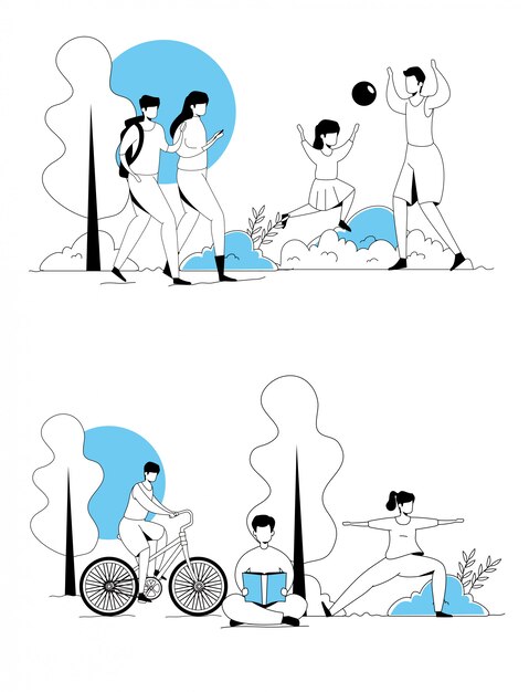 Conjunto de escenas de personas haciendo actividades
