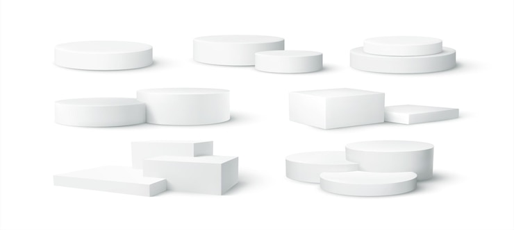 Vector gratuito conjunto de escenas realistas en blanco del podio del producto aisladas sobre un fondo blanco