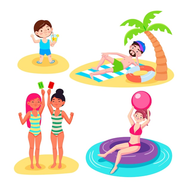 Vector gratuito conjunto de escenas de verano de dibujos animados