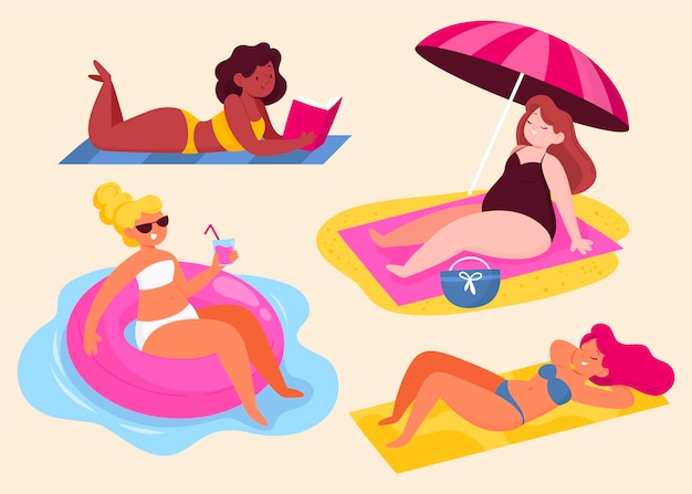 Vector gratuito conjunto de escenas de verano de dibujos animados