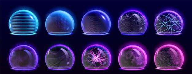 Conjunto de escudos de esfera de neón aislados en fondo negro Ilustración vectorial realista de cúpulas 3D con textura de malla relámpago dentro de humo misterioso alrededor de líneas abstractas en la superficie de vidrio