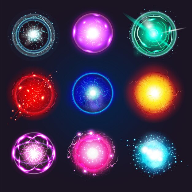 Conjunto de esfera de plasma de energía eléctrica realista de iconos redondos aislados con destellos de pernos de colores y órbitas ilustración vectorial