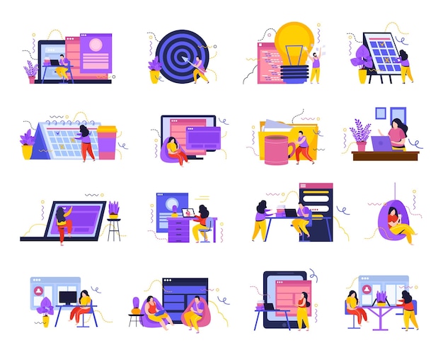 Vector gratuito conjunto de espacio de negocios de iconos planos aislados personajes humanos de dispositivos de computadoras de trabajadores e ilustración de vector de lugar de trabajo