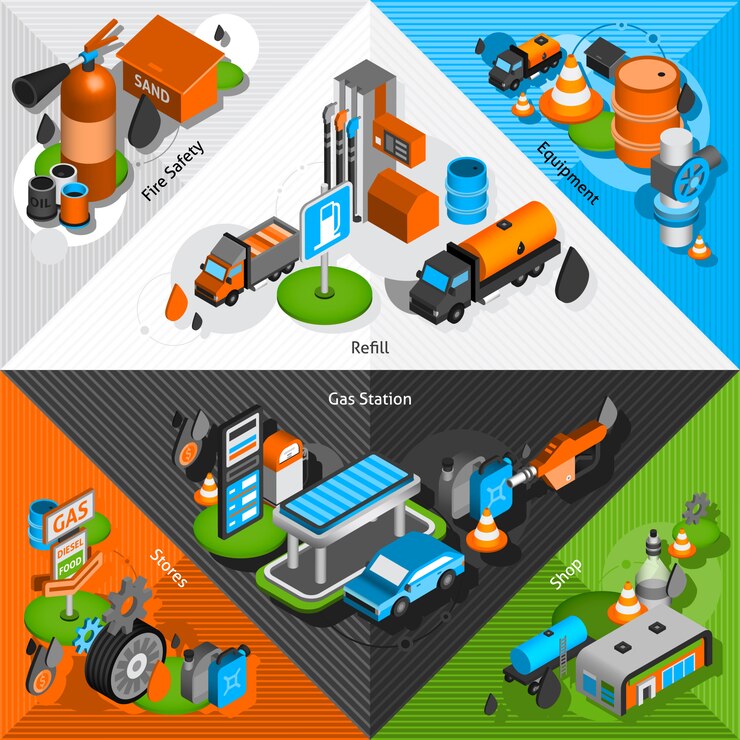 Vector gratuito conjunto de esquinas isométricas gasolineras