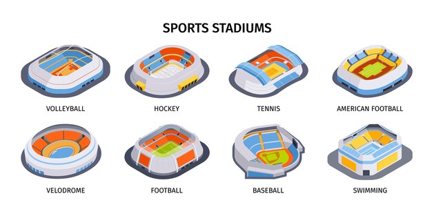 Conjunto de estadio isométrico de iconos aislados con arenas para diferentes tipos de deportes en ilustración de vector de fondo en blanco