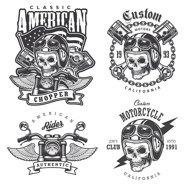 Vector gratuito conjunto de estampados, emblemas, etiquetas, insignias y logotipos de camisetas de motocicletas vintage. estilo monocromático. aislado sobre fondo blanco