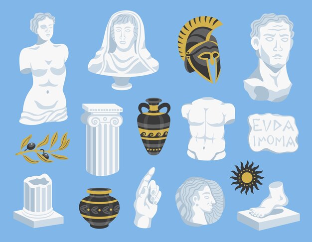 Conjunto de estatuas antiguas aisladas e iconos de signos con imágenes de cascos antiguos y esculturas de retrato ilustración vectorial