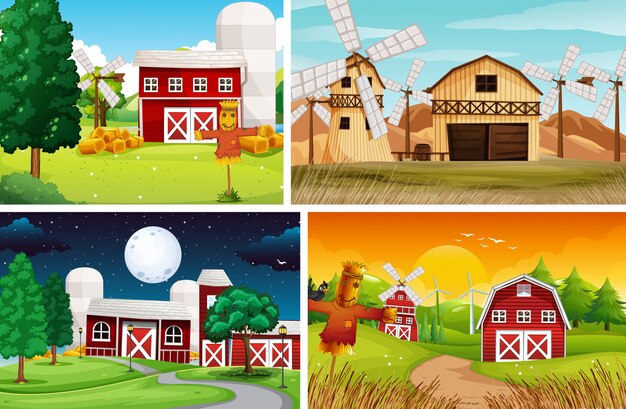 Conjunto de estilo de dibujos animados de escena de granja