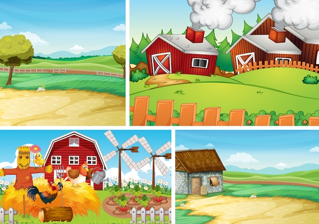 Vector gratuito conjunto de estilo de dibujos animados de escena de granja