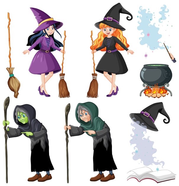 Conjunto de estilo de dibujos animados de mago o brujas y herramientas aislado en blanco