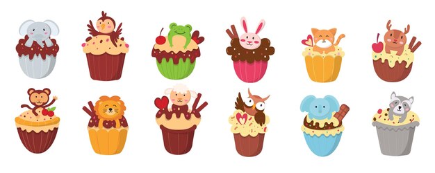 Conjunto de estilo de dibujos animados de vector de cupcakes dulces Delicioso postre decorado con cereza mora vela caramelo crema chocolate