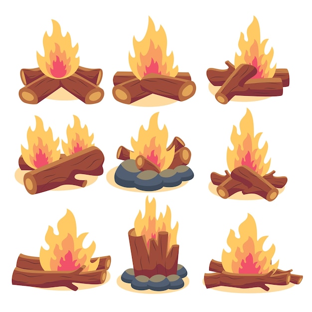 Conjunto de estilo de dibujos animados vectoriales de sprites de fuego de campamento de juego para animación Elemento GUI de interfaz de usuario de juego para videojuegos computadora o diseño web